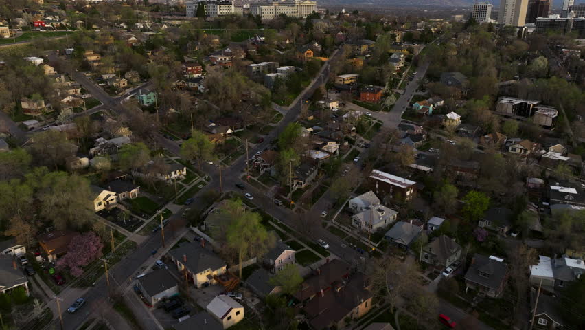 Suburban With The Utah State Capitol In Salt Lake City, Utah, United States. Aerial Drone Shot