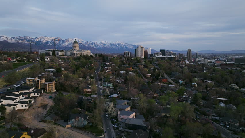 Aerial View Of Utah State Capitol With Downtown Salt Lake City In Utah, USA.