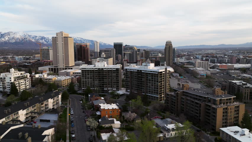 City Landmarks Of Downtown Salt Lake City At Sunset In Utah State, United States. Aerial Drone Shot