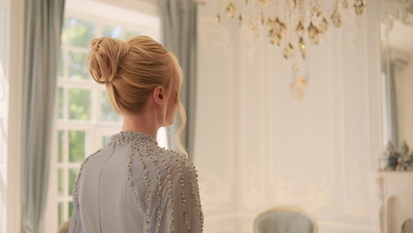 Chic vibes only, elegant blonde stuns in a pearl-detailed cape dress, serving royal-core glam by a luxe mirror with vintage deco and aesthetic blue porcelain. natural light, pastel palette, HQ 4K 