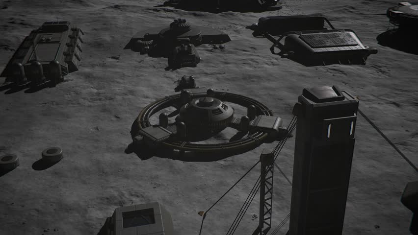 3D cinematic renders featuring aliens and astronauts dancing and moving artistically in front of a giant sun backdrop. Scenes include surreal space environments, human colonies on the moon, and mesmer