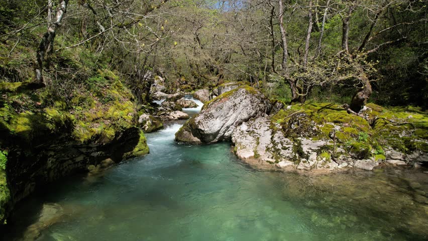 A quiet river flowing through a vibrant green forest, showcasing natural beauty and a peaceful environment. Kouiassa Waterfalls Greece