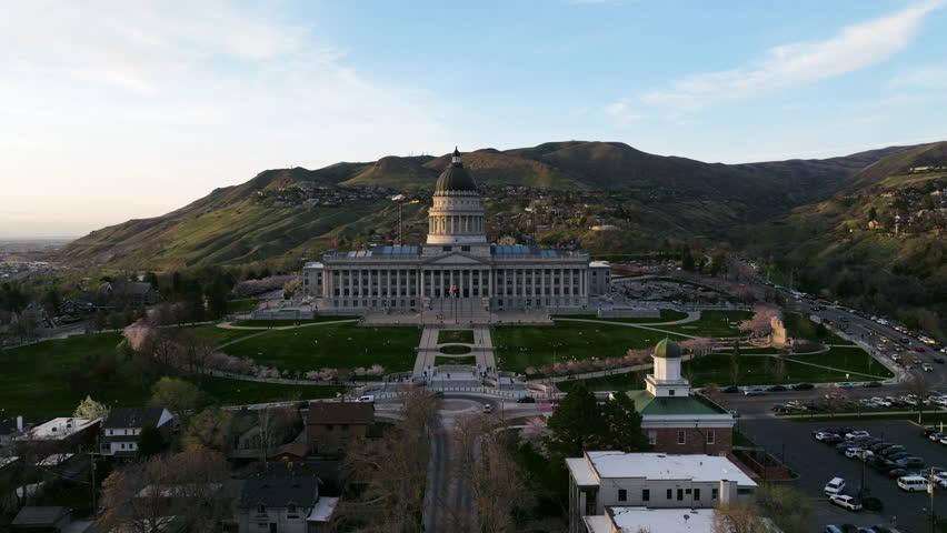 Architectural Building Of The Utah State Capitol At Sunset In Salt Lake City, Utah, USA. Aerial Drone Shot