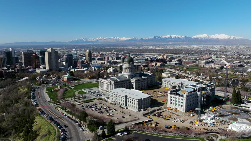 Downtown Salt Lake City From Utah State Capitol On Capitol Hill In Summer In Utah, USA. - aerial shot