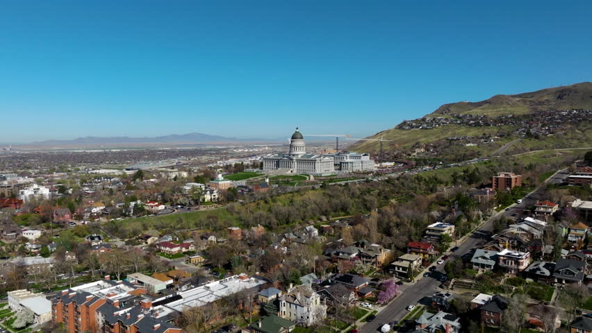 Flying Towards The Utah State Capitol Building On The Capitol Hill In Daytime In Salt Lake City, USA. - aerial shot