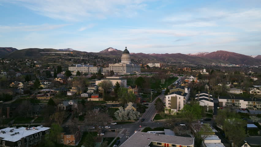Utah State Capitol Building On Capitol Hill At Sunset In Salt Lake City, Utah, USA. - aerial shot