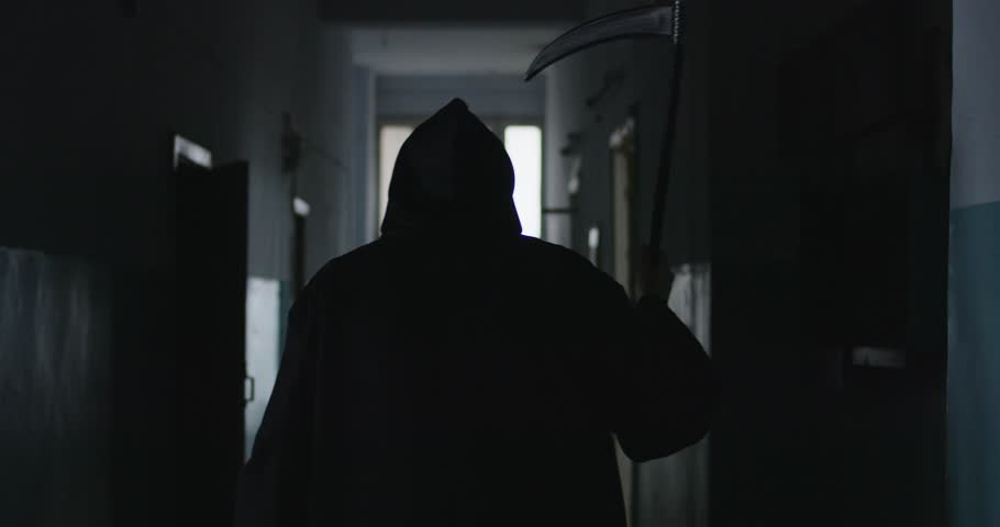 Halloween Grim Reaper walking with scythe horror cosplay black costume, Angel of Death harvesting souls, scary in black hooded cape, for theme party spooky gothic ball event, gloomy atmosphere