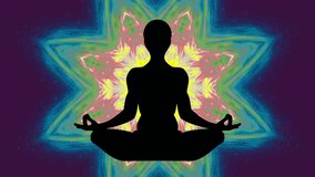A captivating silhouette of a person in a seated meditation pose, against a dynamic, swirling abstract background of vibrant colors. - Powered by Shutterstock - Get 15% off with code: PIKWIZARD15