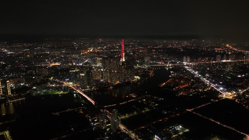 Ho Chi Minh Saigon at night Vietnam Landmark 81 skyscraper modern urban city aerial drone