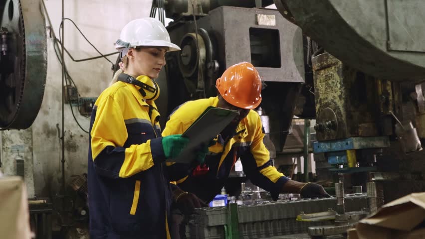 Two male and female factory mechanics operate metal stamping machines together in a factory in the automotive parts manufacturing industry, turning and metal stamping.