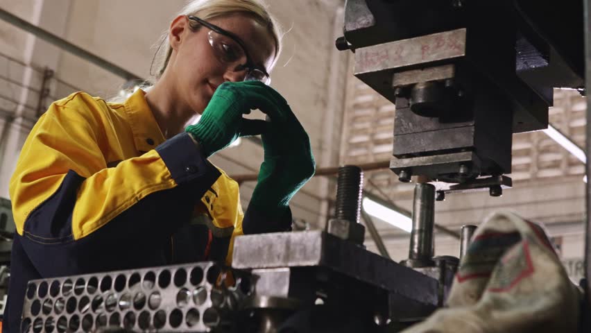 Female factory mechanics inspecting sheet metal stamping work in a factory in the automotive parts manufacturing industry, turning and metal stamping.