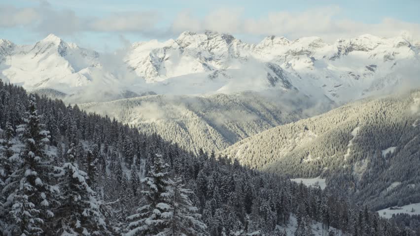 A snow-laden forest stretches toward a mountain wall illuminated by early winter sun. Parallax video.