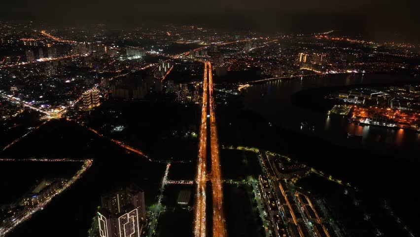 Ho Chi Minh Vietnam Saigon aerial drone at night Mai Chi To highway Southeast Asia