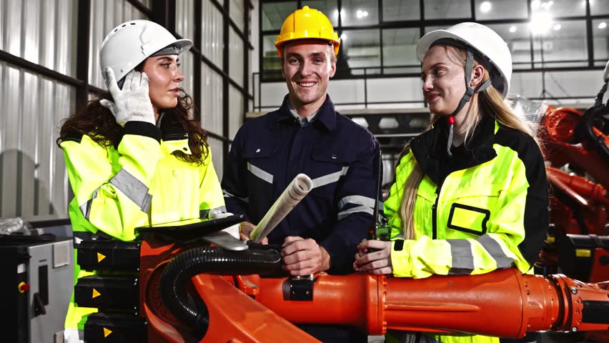 Male and female robot engineering team planning electricians brainstorming presenting knowledge checking electrical system blueprints new welding robots testing automatic electronics in the warehouse. - Powered by Shutterstock - Get 15% off with code: PIKWIZARD15