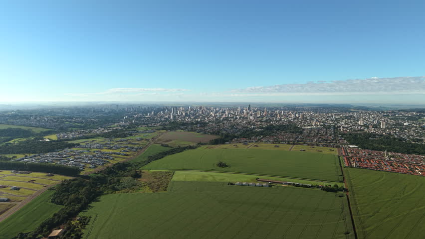 Aerial view of extensive farmland outside city of Cascavel, Paraná, Brazil