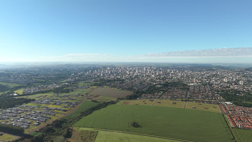 Aerial view of extensive farmland outside city of Cascavel, Paraná, Brazil