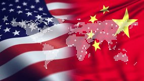 Digital world map over USA and China flags, symbolic global superpower conflict - Powered by Shutterstock - Get 15% off with code: PIKWIZARD15