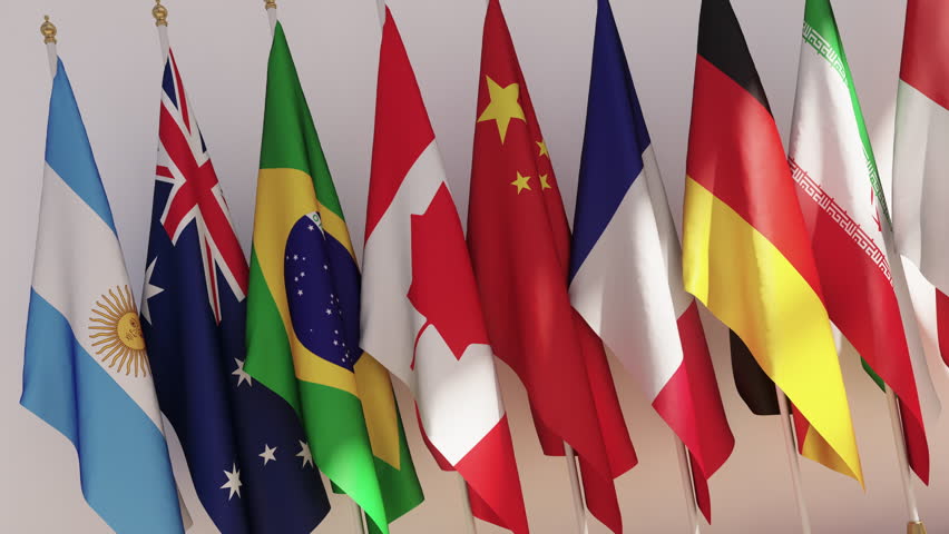 G20 summit or meeting concept. Row from flags of members of G20. 3D Illustration