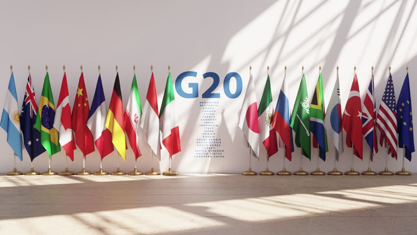 G20 summit or meeting concept. Row from flags of members of G20. 3D Illustration