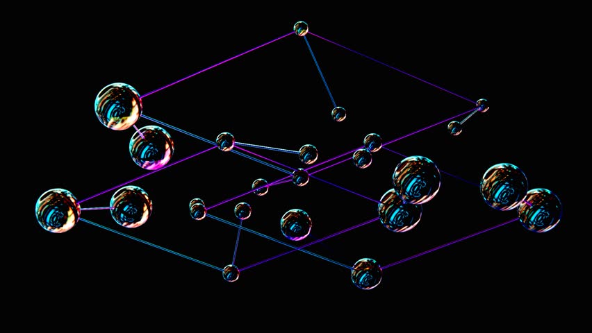 Dark glossy metal connected spheres moving on black background looped animation