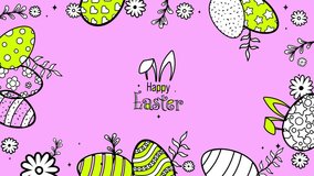 Happy Easter Animated Creative Greeting Card. Bunny ears, decorated and ornamented  easter eggs. Flat style design on pink color background. Easter banner or border with cute bunny ears on text - Powered by Shutterstock - Get 15% off with code: PIKWIZARD15