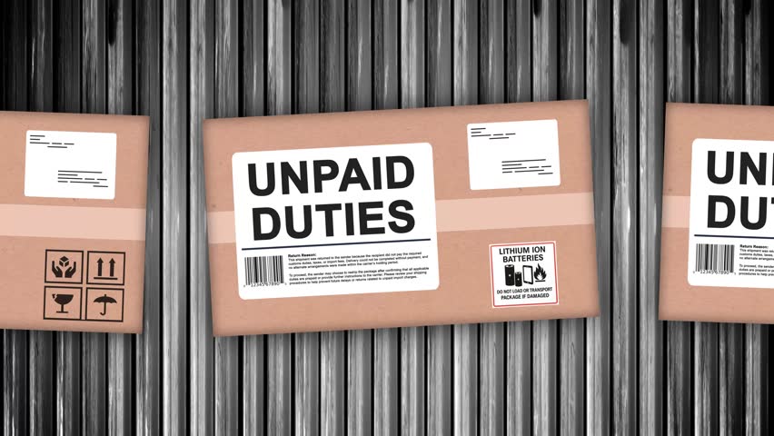 
 Looping animation of packages labeled “UNPAID DUTIES” moving along a conveyor belt, returned to sender due to unpaid customs or import fees.