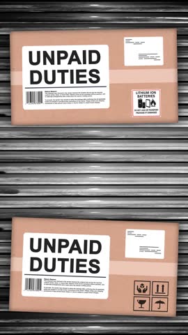 Looping vertical animation of packages labeled “UNPAID DUTIES” moving along a conveyor belt, returned to sender due to unpaid customs or import fees.
