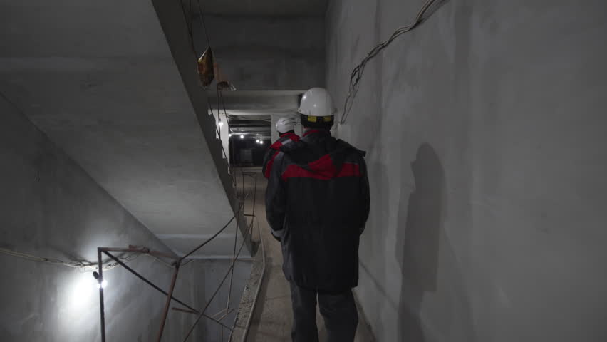 Workers in uniform walk inside unfinished corridor. Safety gear contrasts with bare environment. Group inspects space before next stage
