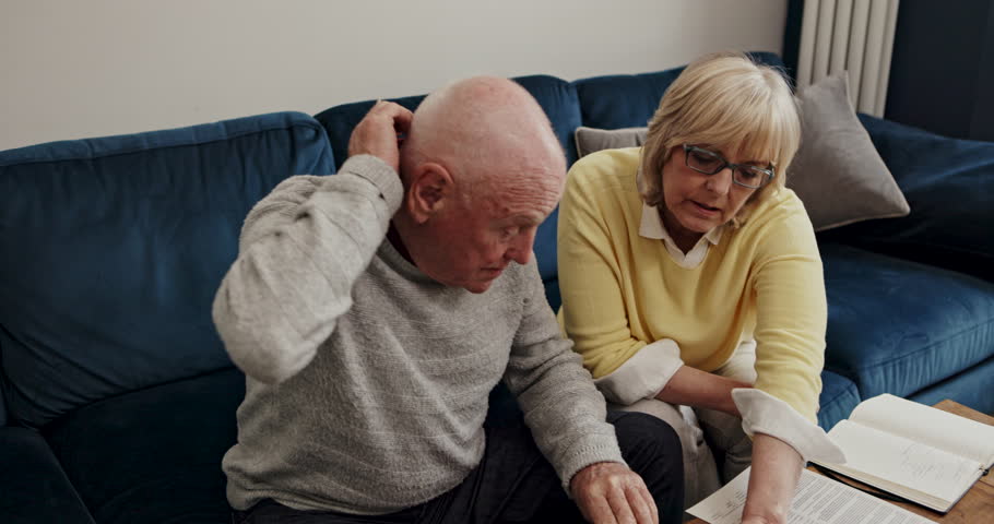 Planning, budget and documents with old couple on sofa for payment, taxes and savings. Audit, retirement and finance investments with senior man and woman at home for paperwork and life insurance