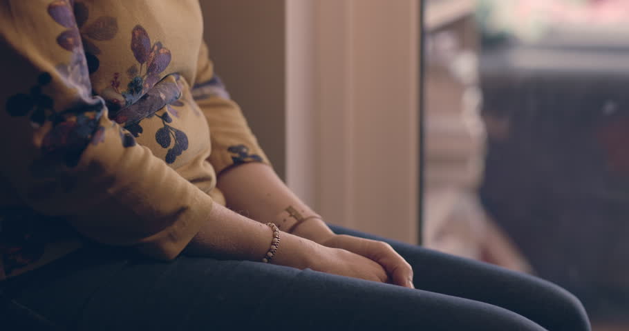 Stress, anxiety and hands of woman with nervous shaking while waiting in fear for therapy or conflict. Mental health, domestic abuse and person with problem or danger of gender based violence in home