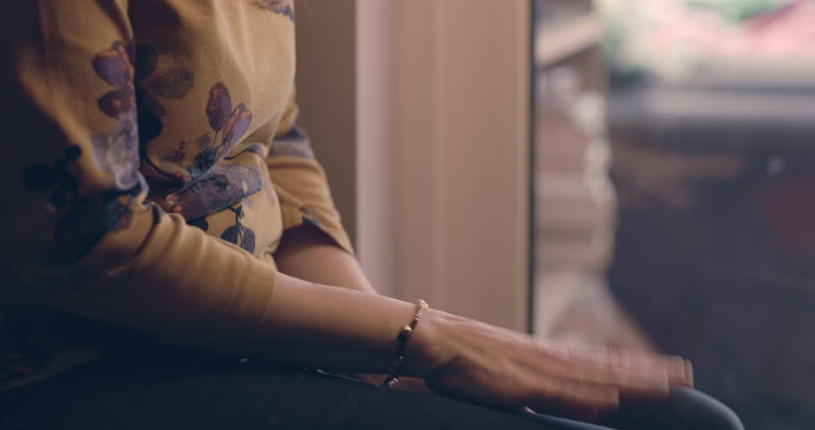 Stress, anxiety and hands of woman with nervous shaking while waiting in fear for therapy or conflict. Mental health, domestic abuse and person with problem or danger of gender based violence in home