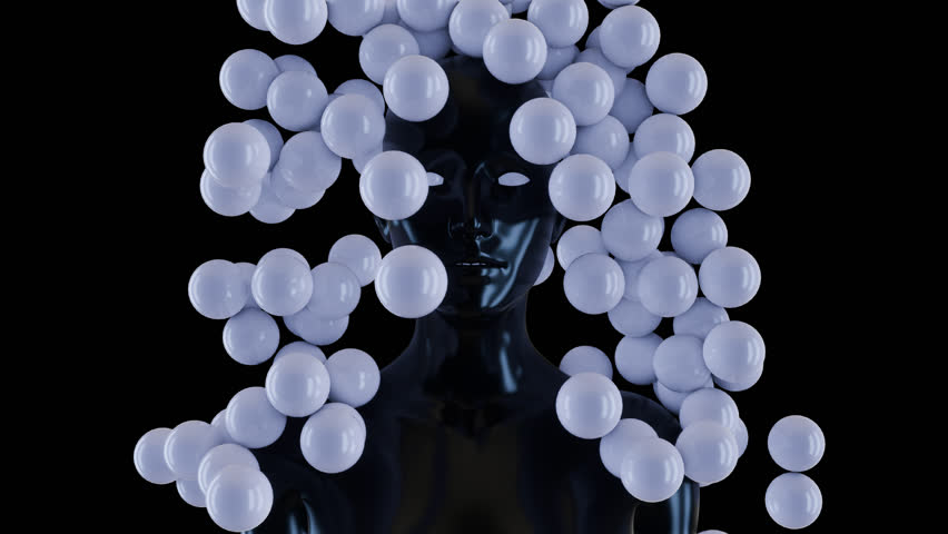 3d animation with glossy white balls or particles falling on black metal chrome woman body. Creative fashion composition for game, music, psychology. Abstract futuristic motion design.