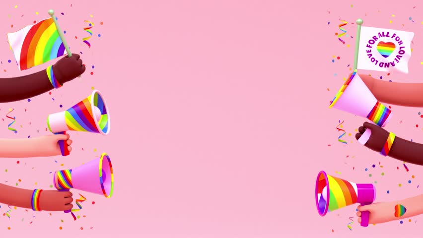 Pride looping video with multi ethnic festive hands, flags, megaphones and copy space in 3D animation. LGBTQIA+ Pride month and love diversity celebration