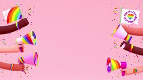 Pride looping video with multi ethnic festive hands, flags, megaphones and copy space in 3D animation. LGBTQIA+ Pride month and love diversity celebration - Powered by Shutterstock - Get 15% off with code: PIKWIZARD15