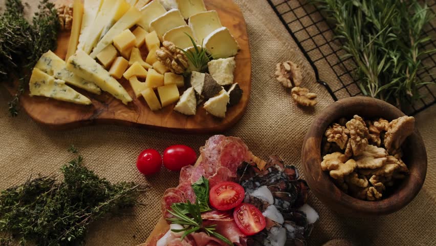 Close-up still life of cheese and meat delicacies. Craft cheeses and cold meat are on the table among aromatic rosemary, cherry tomatoes and other snacks. Gourmet plate antipasto setting. Cheese board