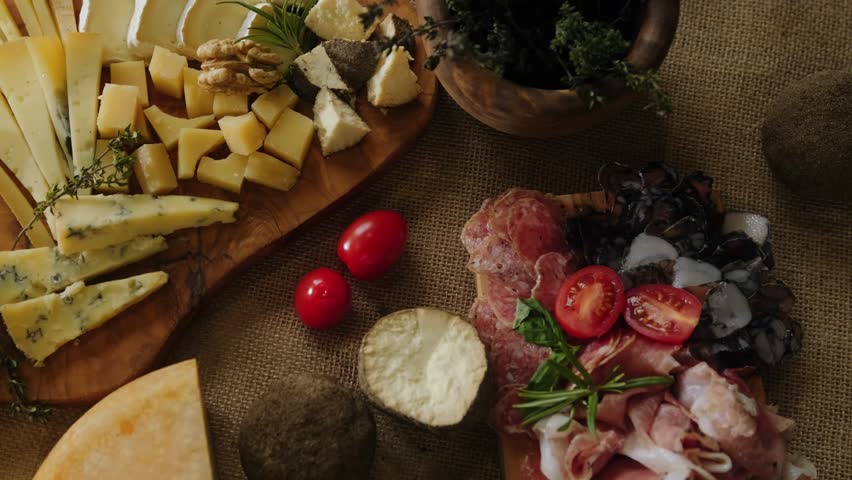 Close-up still life of cheese and meat delicacies. Craft cheeses and cold meat are on the table among aromatic rosemary, cherry tomatoes and other snacks. Gourmet plate antipasto setting. Cheese board