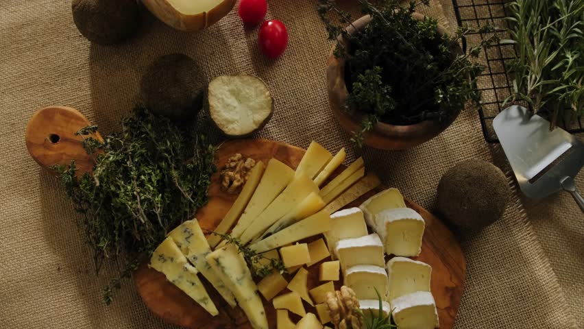Close-up still life of cheese and meat delicacies. Craft cheeses and cold meat are on the table among aromatic rosemary, cherry tomatoes and other snacks. Gourmet plate antipasto setting. Cheese board