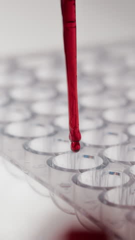 Vertical macro view of blood being dripped from dropper into small wells of plastic laboratory test plate on white table