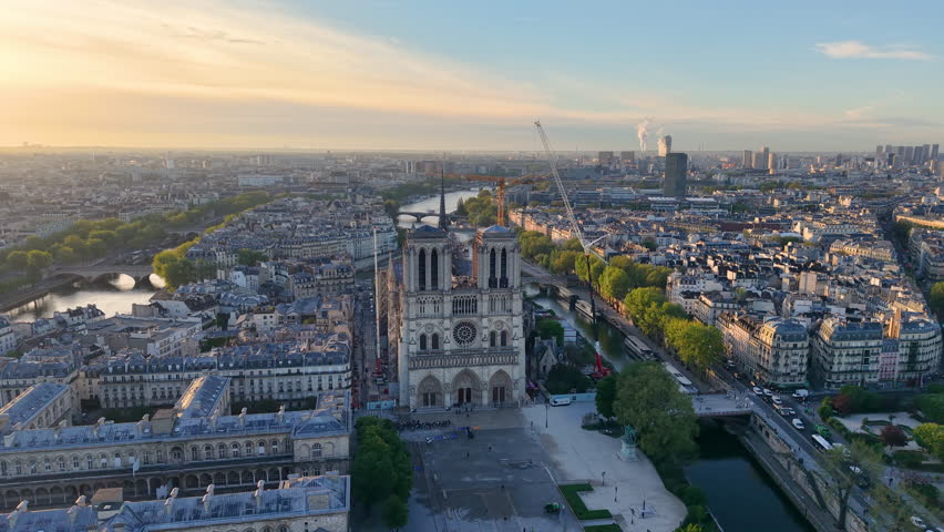  Aerial View of the Beautiful City of Paris Featuring the Historic NotreDame and the Eiffel Tower. France