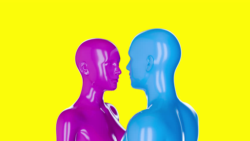 Couple woman and man from blue and pink chrome metal body rotated on yellow background. Realistic colorful 3d animation in creative fashion style. Minimal abstract vivid concept art. - Powered by Shutterstock - Get 15% off with code: PIKWIZARD15