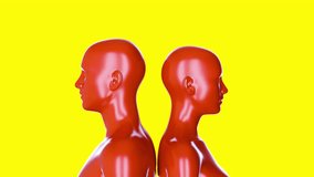 Couple woman and man from red chrome metal body rotated on yellow background. Realistic colorful 3d animation in creative fashion style. Minimal abstract vivid concept art. - Powered by Shutterstock - Get 15% off with code: PIKWIZARD15