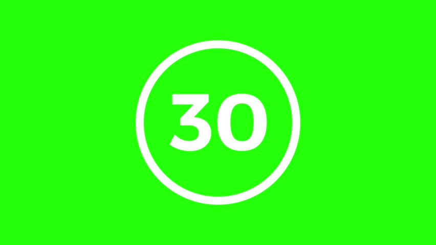 Stylish white countdown timer from 30 seconds to 0 on a green screen backdrop