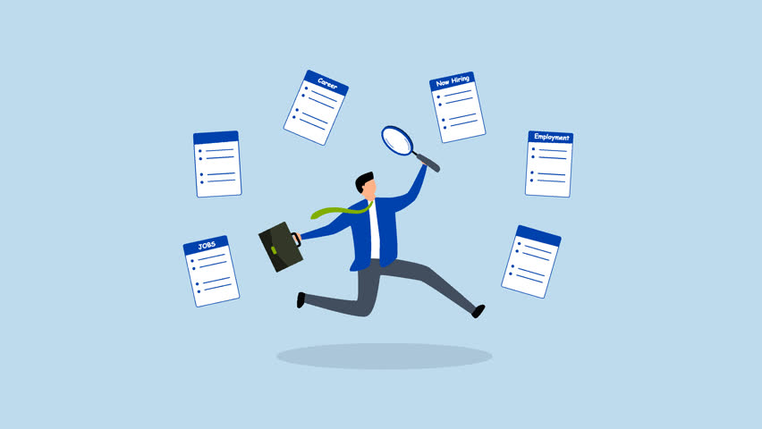 Job seeker, 4k animation of businessman with magnifying glass finding job.