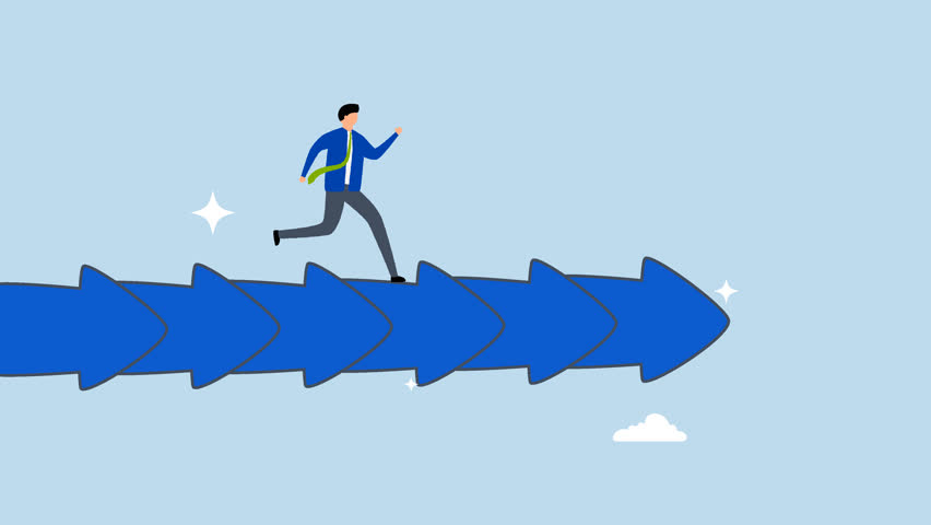 Consistency to growth, 4k animation of businessman walk slowly on steady consistence arrow.