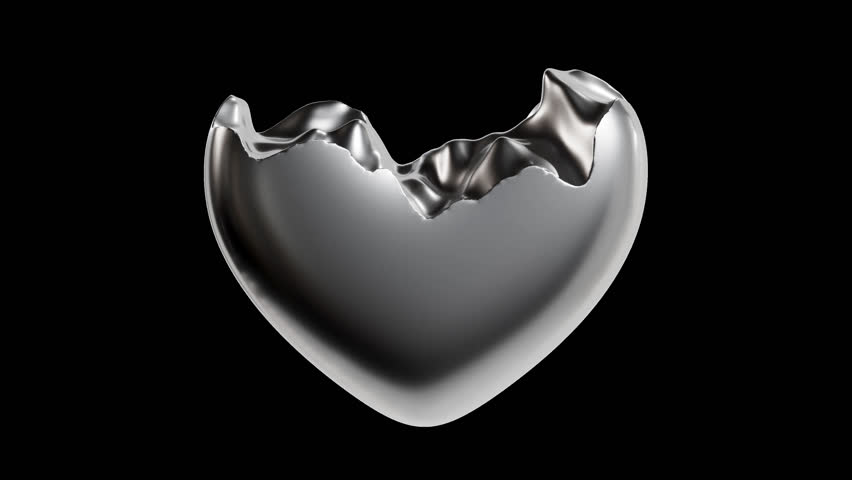 Animation of a 3d metallic steel heart disintegrating on a transparent background, background for dramatic transitions. ProRes 4444 30 fps