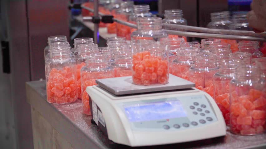 Pharmaceutical employee on testing the weight and dose of the the nutraceutical gummies on the factory