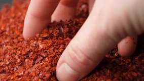 Hand pouring dried ground red chili peppers, natural seasoning, slow motion - Powered by Shutterstock - Get 15% off with code: PIKWIZARD15