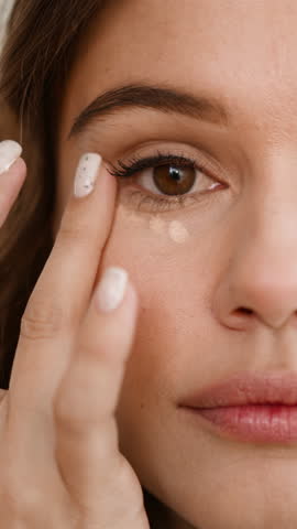 Focused lady blends liquid concealer under eyes with finger to cover dark circles. Young woman prepares facial skin for professional makeup closeup