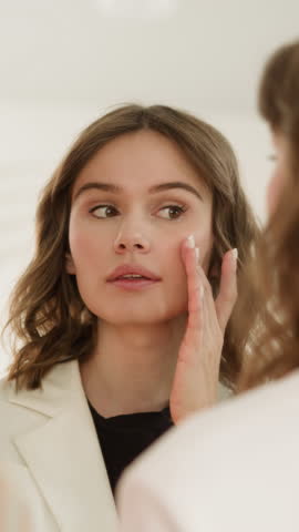 Young woman looks in mirror touching skin and adjusting hairstyle. Stylish lady enjoys reflection examining professional makeup made in salon closeup