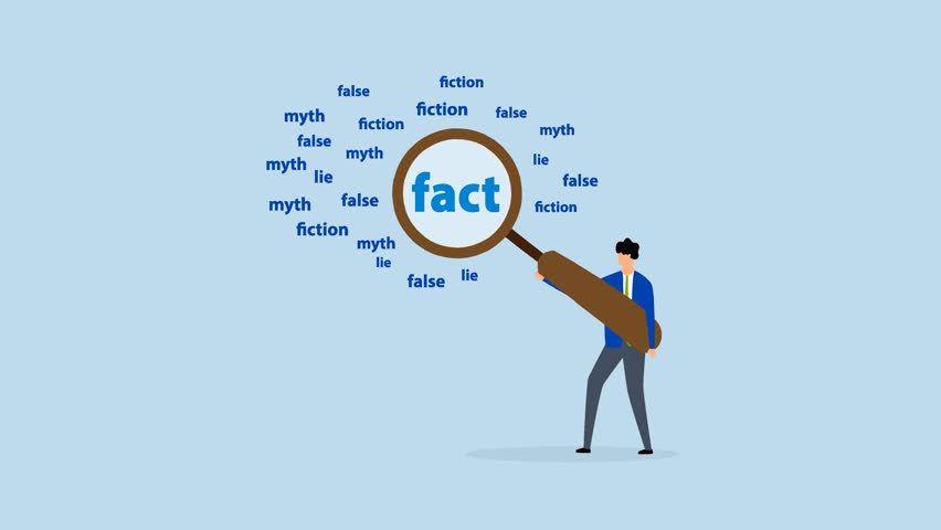 Fact checking, 4k animation of businessman with magnifying glass analyze fact from false info.
